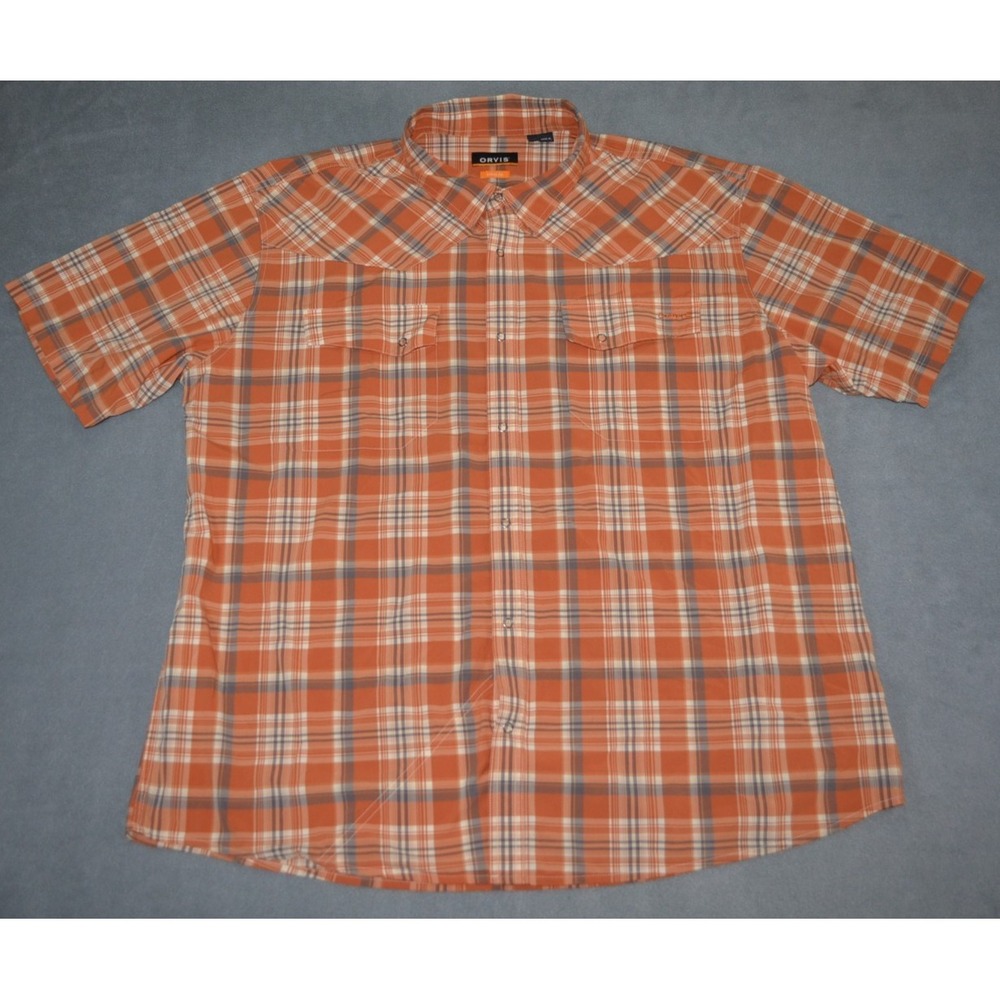 Orvis Active Fit Shirt Mens XXL Orange Plaid Snap Front Short Sleeve